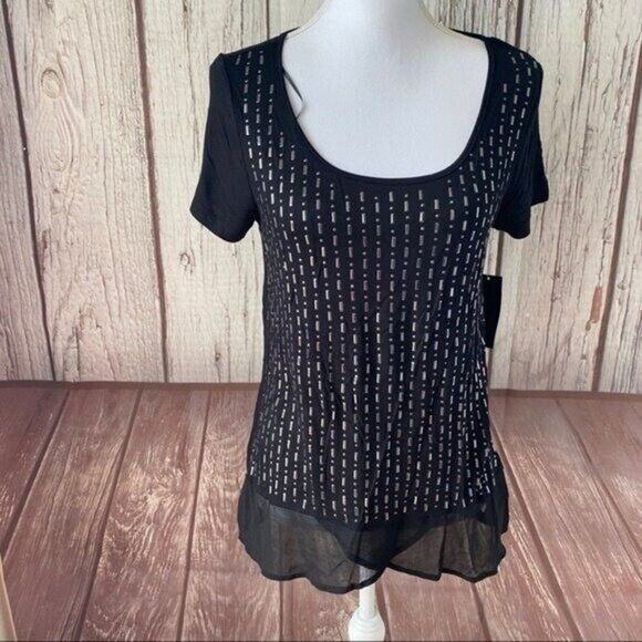 ANA Tee Shirt Top Womens Medium Black Studded Viscose Stretch casual NWT - Picture 1 of 8